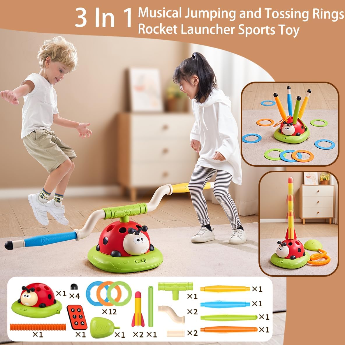 3 In 1 Jump, Ring Toss Game, Stomps & Rocket Launcher for Kids