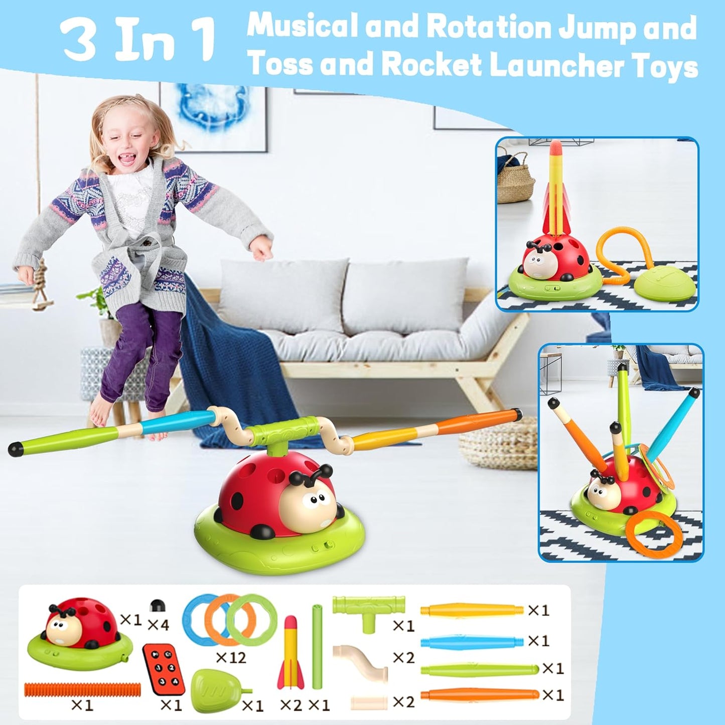 3 In 1 Jump, Ring Toss Game, Stomps & Rocket Launcher for Kids