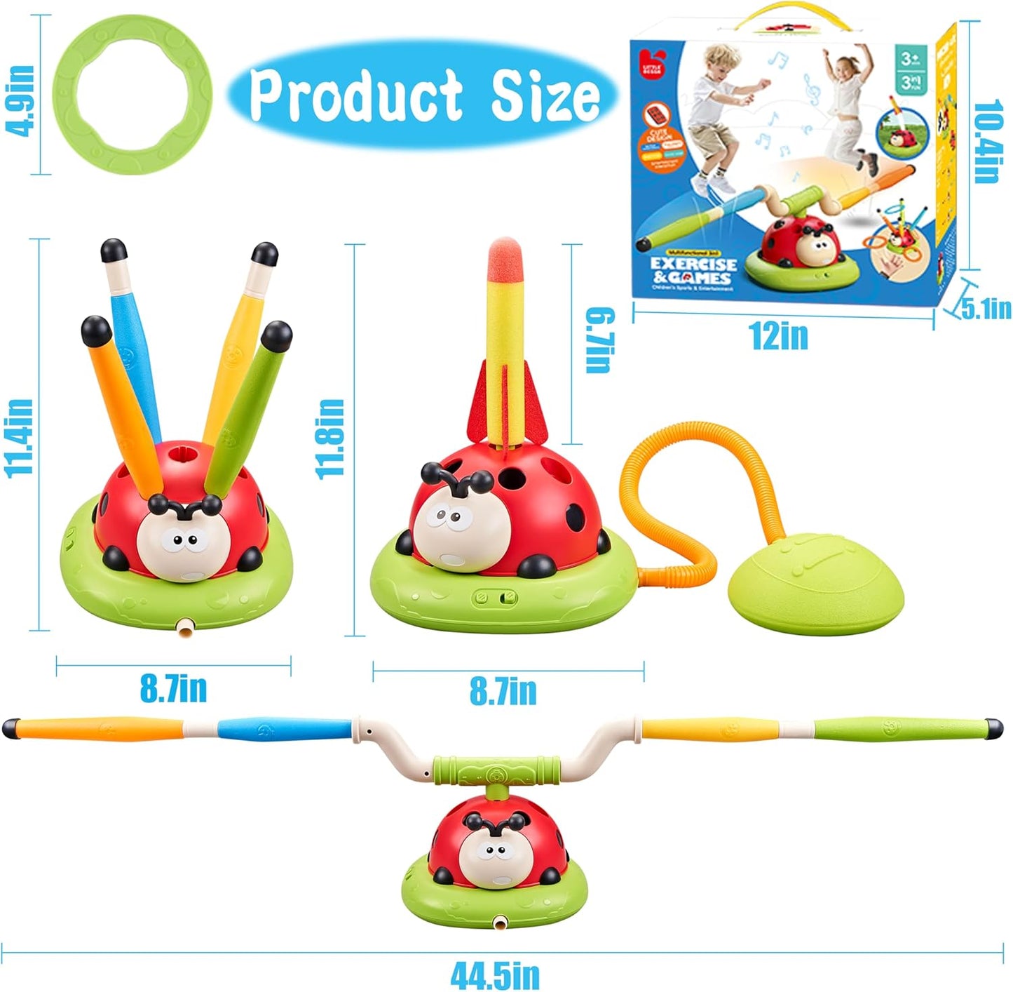 3 In 1 Jump, Ring Toss Game, Stomps & Rocket Launcher for Kids