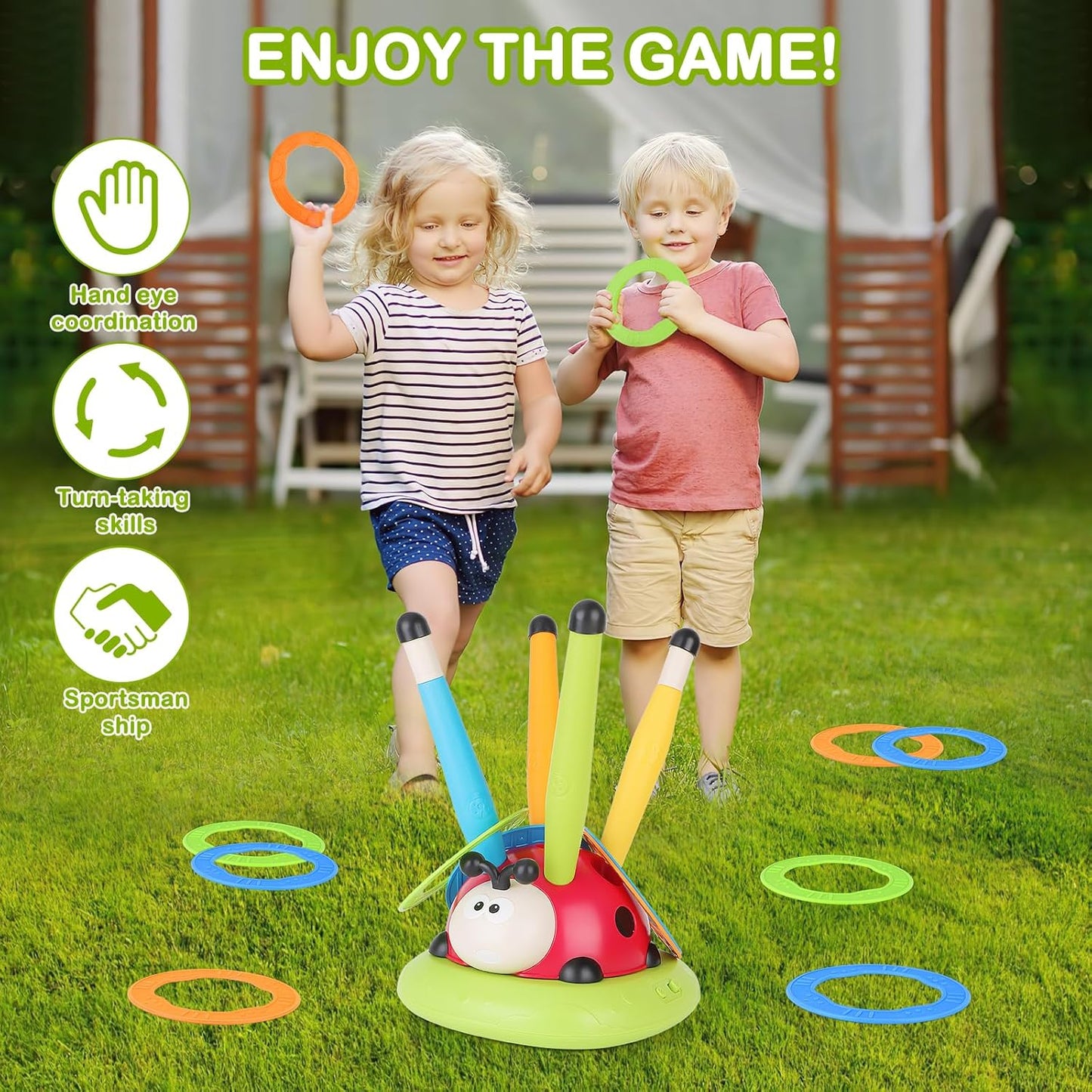 3 In 1 Jump, Ring Toss Game, Stomps & Rocket Launcher for Kids