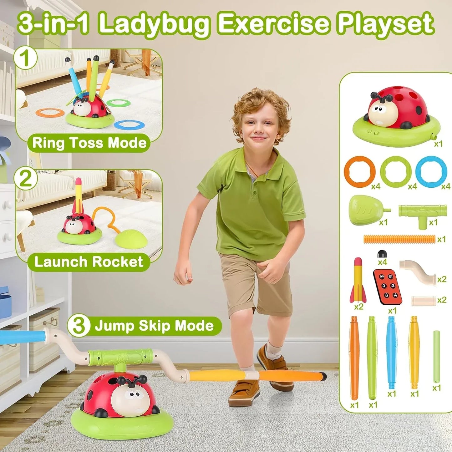 3 In 1 Jump, Ring Toss Game, Stomps & Rocket Launcher for Kids